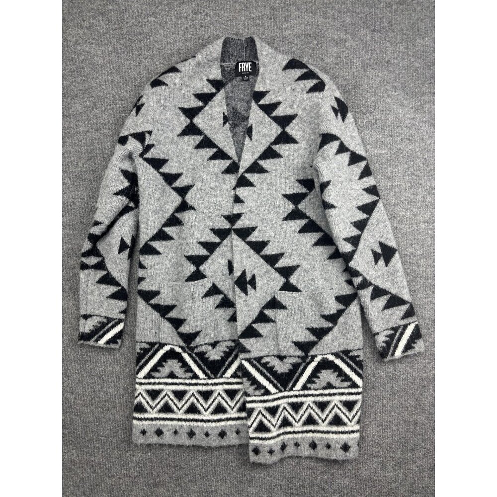 Frye Cardigan Sweater Womens Small Gray Black‎ Aztec Geometric Duster Open Front